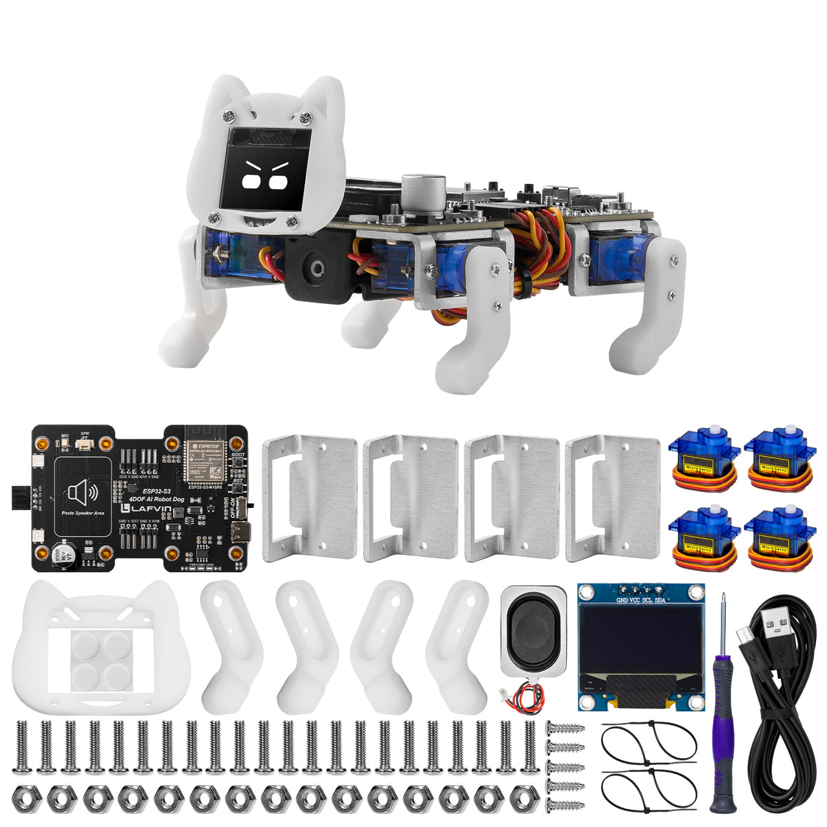 LAFVIN ESP32 S3 4DOF AI Robot Dog Kit Integrating AI Voice Interaction, Bionic Motion, OLED Facial Expression Display