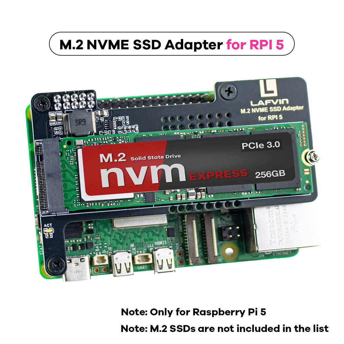 LAFVIN M.2 NVMe SSD Adapter for Raspberry Pi 5 - PCIe Gen3 High-Speed, Compatible with 2230/2242/2260/2280 sizes