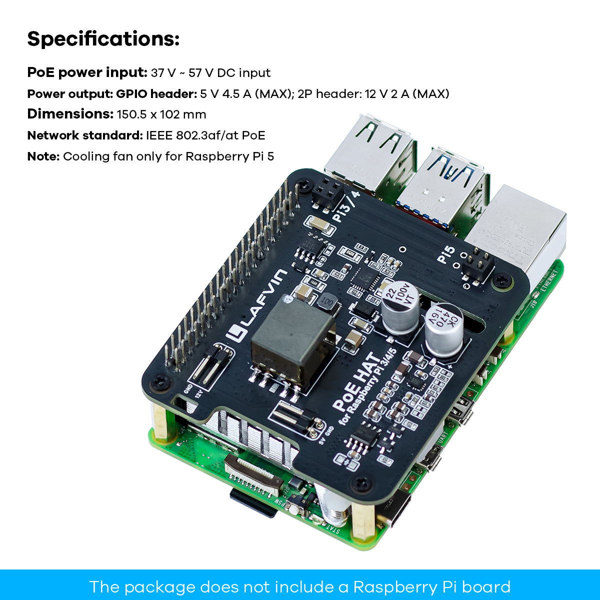 LAFVIN POE HAT for Raspberry Pi 3B+/4B/5 Power Over Ethernet Expansion Board