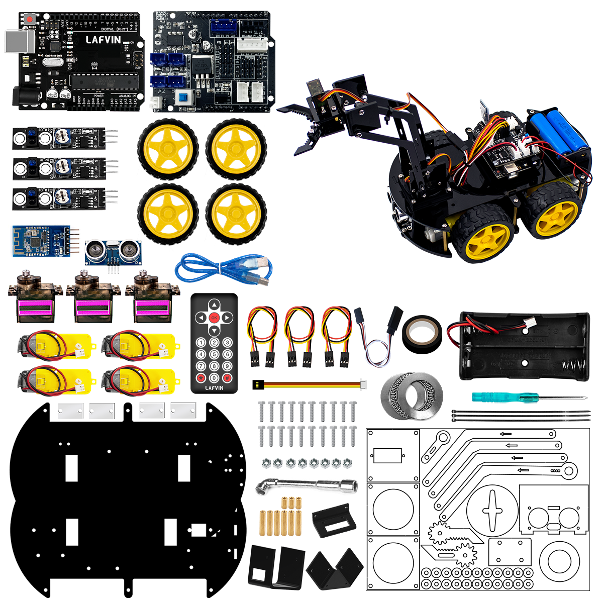 LAFVIN Mechanical 4WD Robot Arm Car Kit for Arduino Smart Robot Car Set for Learning Education Automation Kits
