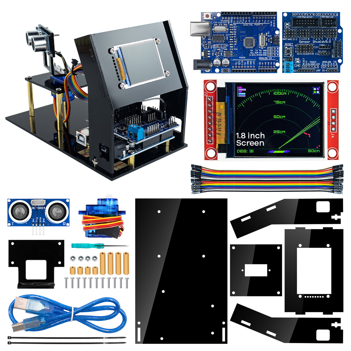 LAFVIN Simulation Ultrasonic Radar Sensor Module for Arduino DIY Kit 180-Degree Scanning Detector with 1.8" SPI TFT Screen