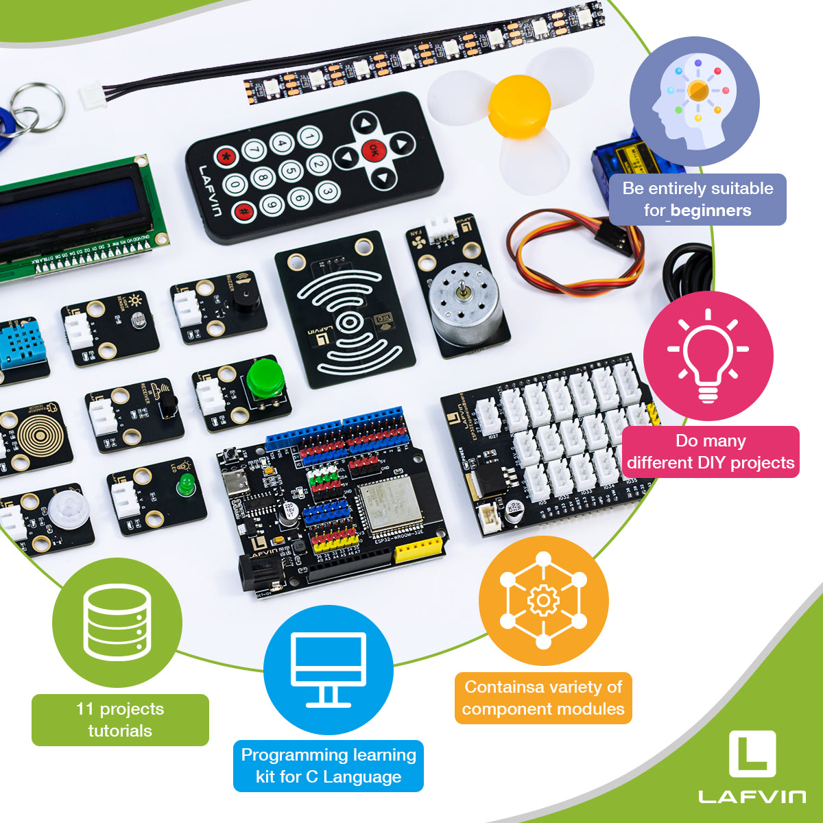 LAFVIN ESP32 IoT Learning Kit,ESP32 Core Controller Board with Multifunction Sensor Blocks,RFID Sensing Module,PIR Sensor Module