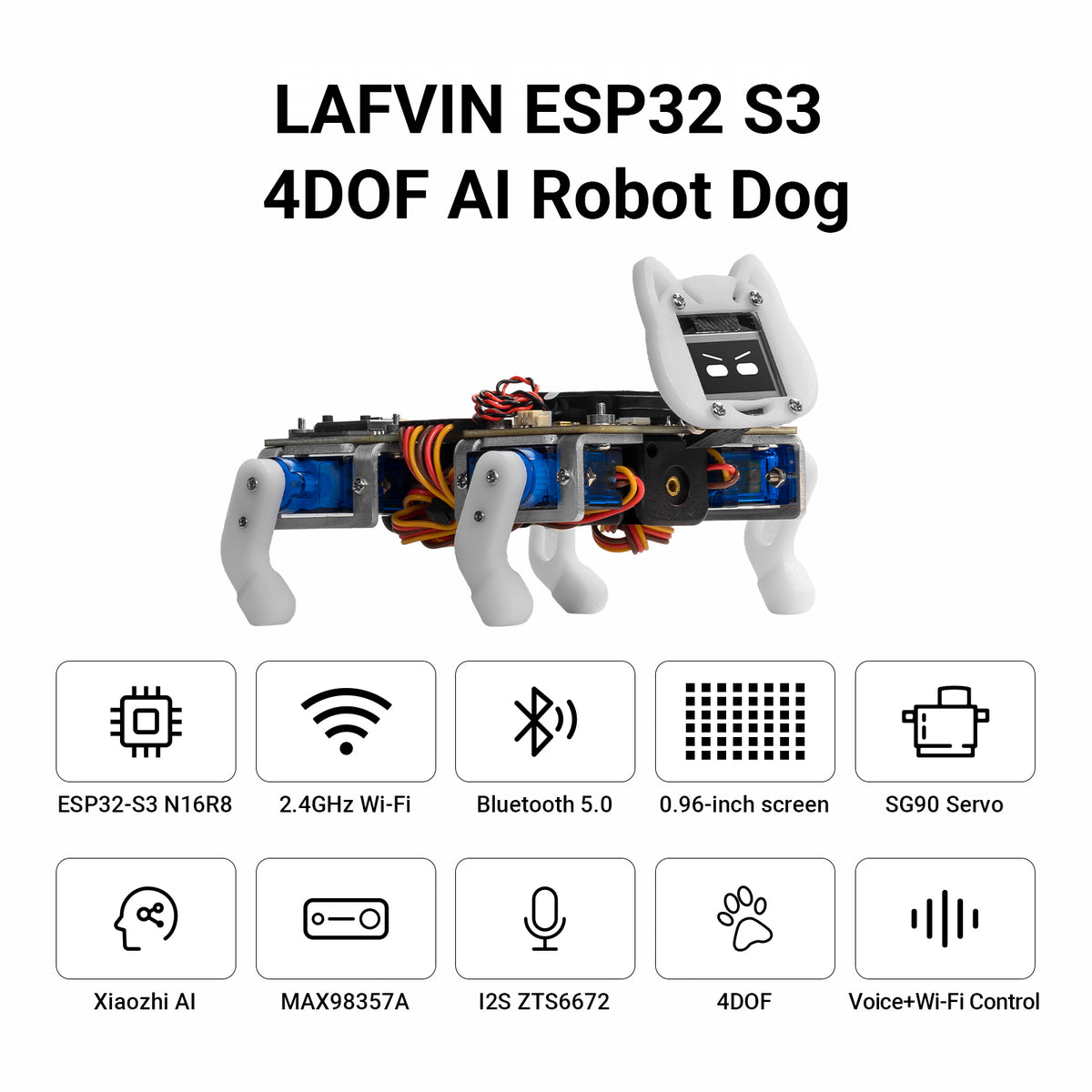 LAFVIN ESP32 S3 4DOF AI Robot Dog Kit Integrating AI Voice Interaction, Bionic Motion, OLED Facial Expression Display