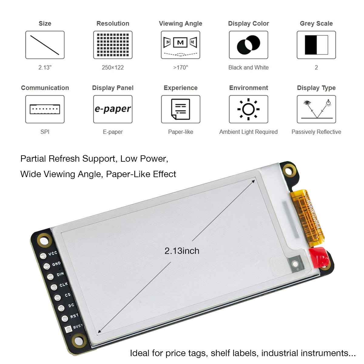 LAFVIN 2.13inch E-Ink Paper HAT Display Module Electronic Whiteboard NVMe M.2 SSD PCIe Compatible with Raspberry Pi 5/4B/3B+/3B/2B/A+/Zero W//Zero 2 W