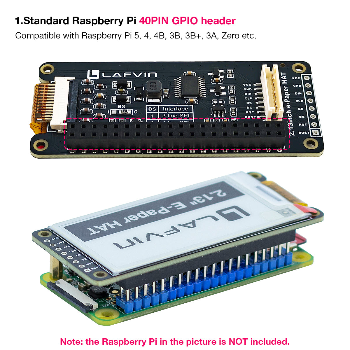 LAFVIN 2.13inch E-Ink Paper HAT Display Module Electronic Whiteboard NVMe M.2 SSD PCIe Compatible with Raspberry Pi 5/4B/3B+/3B/2B/A+/Zero W//Zero 2 W
