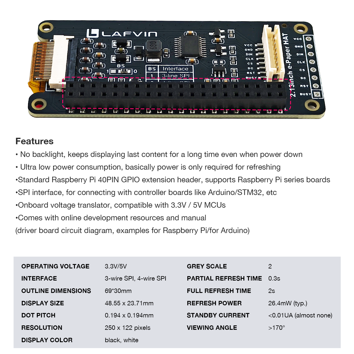 LAFVIN 2.13inch E-Ink Paper HAT Display Module Electronic Whiteboard NVMe M.2 SSD PCIe Compatible with Raspberry Pi 5/4B/3B+/3B/2B/A+/Zero W//Zero 2 W
