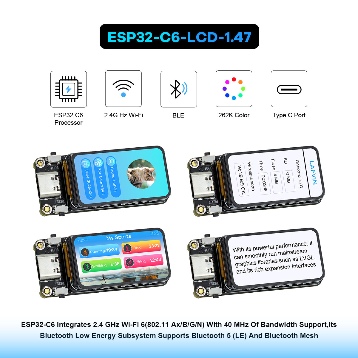 ESP32-C6 Module with 1.47inch Display Module Board Supports Wi-Fi 6 & BT ESP32 1.47 inch Display Type for Arduino