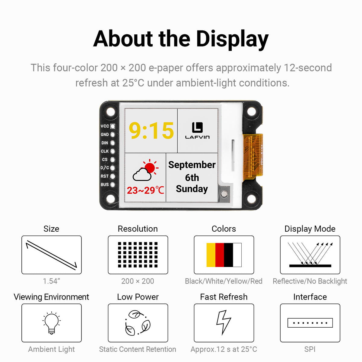 1.54 Inch E-Paper Display Module, Four Color E-Ink Screen SPI Interface for DIY Electronics Shelf Label Project, DIY Weather Station Clock Project