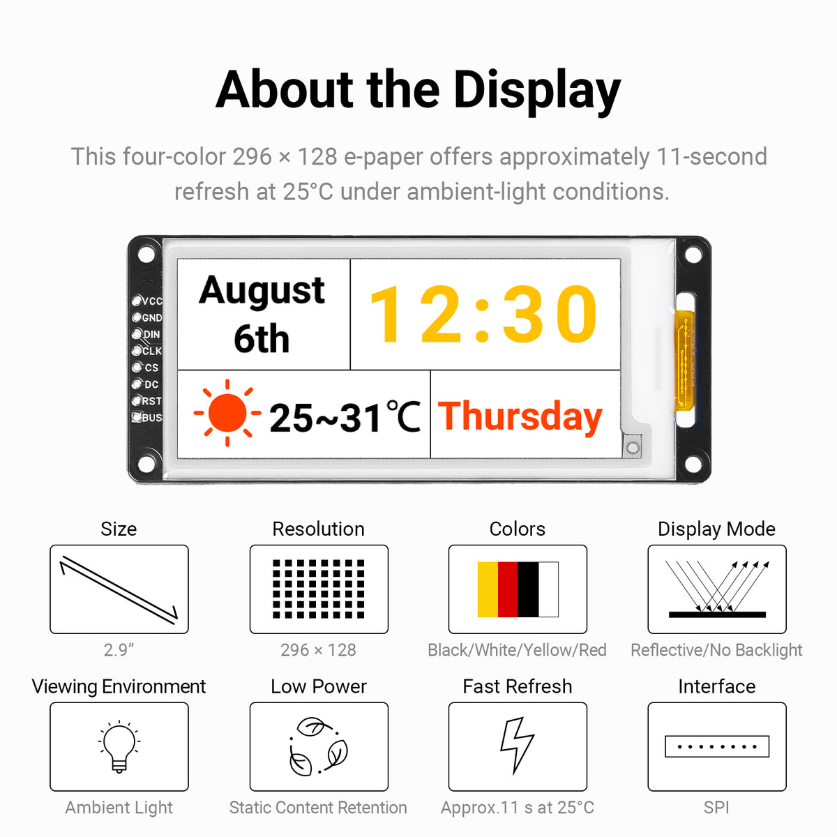 2.9inch E-paper Module Four-color Electronic Paper Display SPI E-Paper Screen with Ultra-Low Power & Wide Viewing Angle for Arduino
