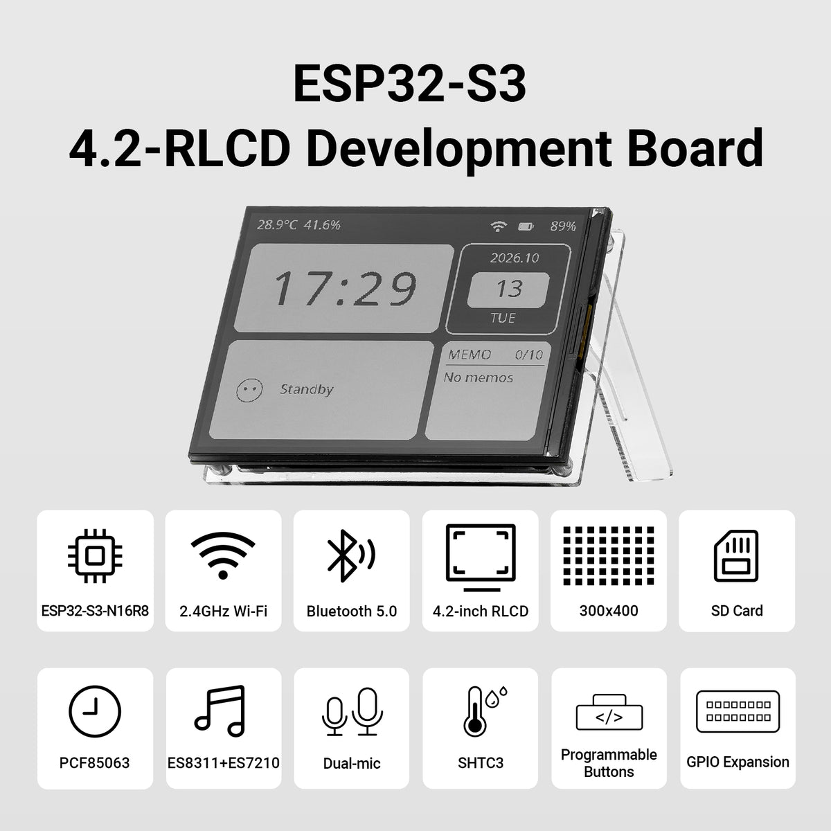 LAFVIN ESP32-S3 4.2 Inch Reflection Display Board, WiFi BLE with Microphone Temp Humidity Sensor RTC for IoT Project