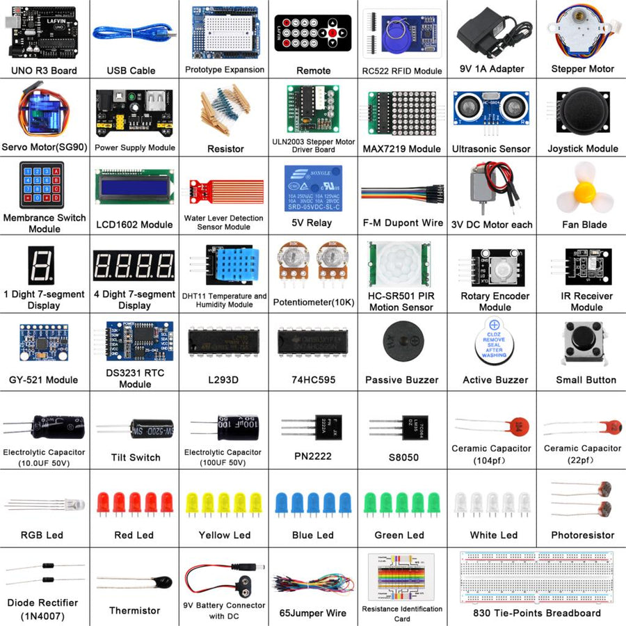 LAFVIN Super Starter Kit for Arduino UNO SET R3 Breadboard / Step Motor / SG90 Servo / 1602 LCD / Jumper Wire / Tutorial - 502 LAFVIN Super Starter Kit for Arduino UNO SET R3 Breadboard / Step Motor / SG90 Servo / 1602 LCD / Jumper Wire / Tutorial - 502